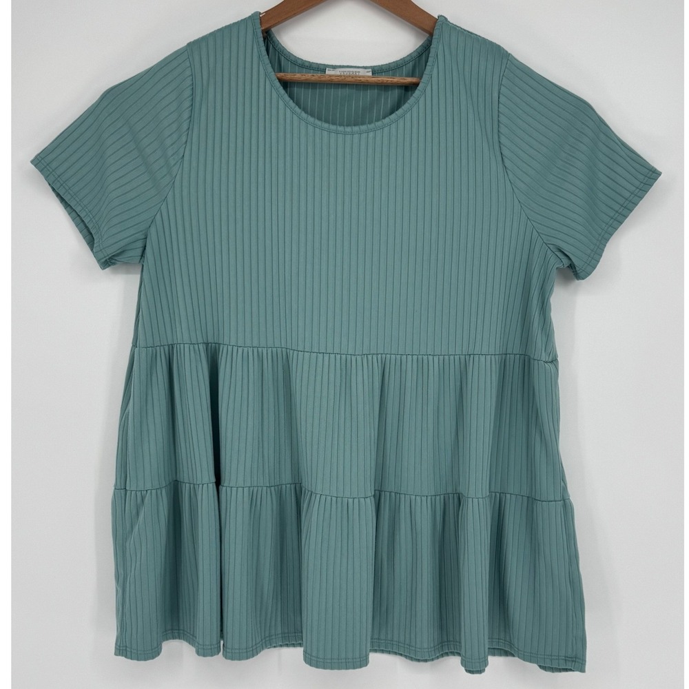 Veveret Womens 1XL Sage Green Ribbed Knit Tiered Babydoll Top T71126PL
